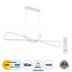 GLOBOSTAR® DOLORES 61280 Μοντέρνο Κρεμαστό Φωτιστικό Οροφής LED 105W 11760lm 300° AC 220-240V IP20 Ρυθμιζόμενο Λευκό CCT με Χειριστήριο από 2700K έως 6000K Dimmable - Lumileds SMD Chip - Λευκό Ματ - Μ110 x Π17 x Υ17.5cm - 3 Χρόνια Εγγύηση