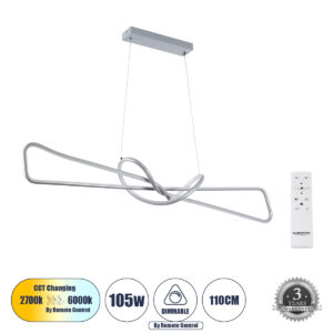GLOBOSTAR® DOLORES 61281 Μοντέρνο Κρεμαστό Φωτιστικό Οροφής LED 105W 11760lm 300° AC 220-240V IP20 Ρυθμιζόμενο Λευκό CCT με Χειριστήριο από 2700K έως 6000K Dimmable - Lumileds SMD Chip - Νίκελ Βούρτσας - Μ110 x Π17 x Υ17.5cm - 3 Χρόνια Εγγύηση