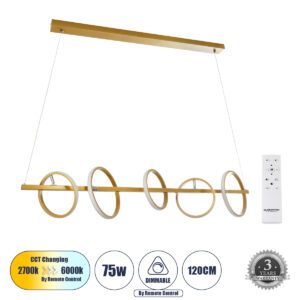 GLOBOSTAR® CIRCOLARE 61322 Μοντέρνο Κρεμαστό Φωτιστικό Οροφής LED 75W 8400lm 360° AC 220-240V IP20 Ρυθμιζόμενο Λευκό CCT με Χειριστήριο από 2700K έως 6000K Dimmable - Lumileds SMD Chip - Χρυσό - Μ120 x Π25 x Υ25cm - 3 Χρόνια Εγγύηση