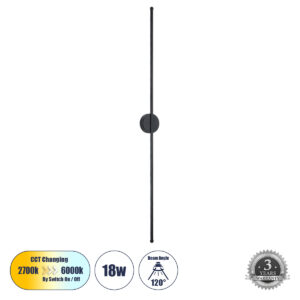 GLOBOSTAR® DIADEM 61333 Μοντέρνο Φωτιστικό Τοίχου - Απλίκα LED 18W 2160lm 120° AC 220-240V IP20 Ρυθμιζόμενο Λευκό CCT με On/Off 2700K/4500K/6000K - Lumileds SMD Chip - Μαύρο Ματ - Μ10 x Π4 x Υ120cm - 3 Χρόνια Εγγύηση