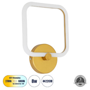 GLOBOSTAR® ELIZA 61344 Μοντέρνο Φωτιστικό Τοίχου - Απλίκα LED 8W 960lm 360° AC 220-240V IP20 Ρυθμιζόμενο Λευκό CCT με On/Off 2700K/4500K/6000K - Lumileds SMD Chip - Χρυσό - Μ22 x Π5 x Υ28.5cm - 3 Χρόνια Εγγύηση