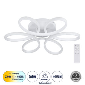GLOBOSTAR® MARGARET 61401 Μοντέρνο Φωτιστικό Οροφής LED 54W 6210lm 360° AC 220-240V IP20 Ρυθμιζόμενο Λευκό CCT με Χειριστήριο από 2700K έως 6000K Dimmable - Lumileds SMD Chip - Λευκό Ματ - Μ57 x Π57 x Υ12cm - 3 Χρόνια Εγγύηση