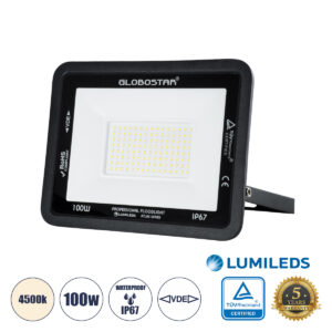 GLOBOSTAR® ATLAS 61426 Προβολέας LED 100W 12000lm 120° AC 220-240V Αδιάβροχο IP67 Φυσικό Λευκό 4500K - Lumileds SMD Chip - TÜV Rheinland Certified - Μαύρο Ματ - Μ27 x Π4 x Υ21cm - 5 Χρόνια Εγγύηση