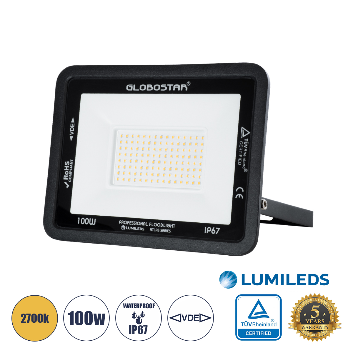 GLOBOSTAR® ATLAS 61427 Προβολέας LED 100W 11500lm 120° AC 220-240V Αδιάβροχο IP67 Θερμό Λευκό 2700K - Lumileds SMD Chip - TÜV Rheinland Certified - Μαύρο Ματ - Μ27 x Π4 x Υ21cm - 5 Χρόνια Εγγύηση
