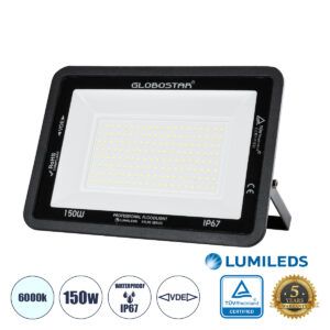 GLOBOSTAR® ATLAS 61428 Προβολέας LED 150W 18750lm 120° AC 220-240V Αδιάβροχο IP67 Ψυχρό Λευκό 6000K - Lumileds SMD Chip - TÜV Rheinland Certified - Μαύρο Ματ - Μ32 x Π4 x Υ23cm - 5 Χρόνια Εγγύηση