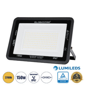 GLOBOSTAR® ATLAS 61430 Προβολέας LED 150W 17250lm 120° AC 220-240V Αδιάβροχο IP67 Θερμό Λευκό 2700K - Lumileds SMD Chip - TÜV Rheinland Certified - Μαύρο Ματ - Μ32 x Π4 x Υ23cm - 5 Χρόνια Εγγύηση
