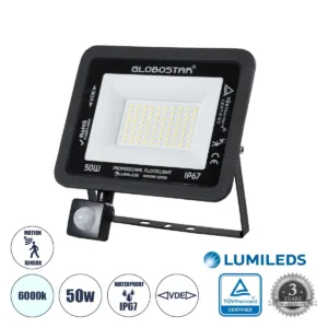 GLOBOSTAR® AURORA 61441 Προβολέας με Ανιχνευτή PIR / Αισθητήρα Κίνησης LED 50W 6250lm 120° AC 220-240V Αδιάβροχο IP67 Ψυχρό Λευκό 6000K - Lumileds SMD Chip - TÜV Rheinland Certified - Μαύρο Ματ - Μ21 x Π5 x Υ21cm - 3 Χρόνια Εγγύηση
