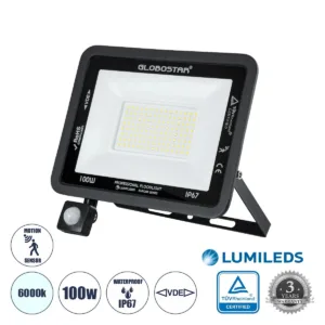 GLOBOSTAR® AURORA 61443 Προβολέας με Ανιχνευτή PIR / Αισθητήρα Κίνησης LED 100W 12500lm 120° AC 220-240V Αδιάβροχο IP67 Ψυχρό Λευκό 6000K - Lumileds SMD Chip - TÜV Rheinland Certified - Μαύρο Ματ - Μ25 x Π6.5 x Υ27.5cm - 3 Χρόνια Εγγύηση