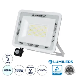 GLOBOSTAR® AURORA 61444 Προβολέας με Ανιχνευτή PIR / Αισθητήρα Κίνησης LED 100W 12500lm 120° AC 220-240V Αδιάβροχο IP67 Ψυχρό Λευκό 6000K - Lumileds SMD Chip - TÜV Rheinland Certified - Λευκό Ματ - Μ25 x Π6.5 x Υ27.5cm - 3 Χρόνια Εγγύηση