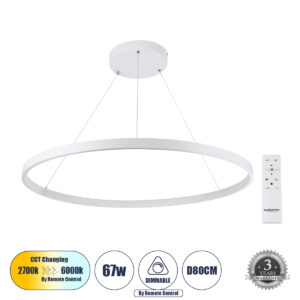 GLOBOSTAR® DIAMOND 61521 Μοντέρνο Κρεμαστό Φωτιστικό Οροφής LED 67W 7504lm 360° AC 220-240V IP20 Ρυθμιζόμενο Λευκό CCT με Χειριστήριο από 2700K έως 6000K Dimmable - Lumileds SMD Chip - Λευκό Ματ - Μ80 x Π80 x Υ110cm - 3 Χρόνια Εγγύηση