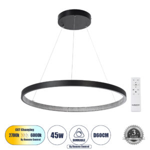 GLOBOSTAR® DIAMOND 61522 Μοντέρνο Κρεμαστό Φωτιστικό Οροφής LED 45W 5040lm 360° AC 220-240V IP20 Ρυθμιζόμενο Λευκό CCT με Χειριστήριο από 2700K έως 6000K Dimmable - Lumileds SMD Chip - Μαύρο Ματ - Μ60 x Π60 x Υ3cm - 3 Χρόνια Εγγύηση