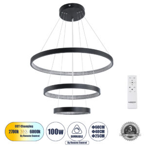 GLOBOSTAR® DIAMOND TRIO 61523 Μοντέρνο Κρεμαστό Φωτιστικό Οροφής LED 100W 11200lm 360° AC 220-240V IP20 Ρυθμιζόμενο Λευκό CCT με Χειριστήριο από 2700K έως 6000K Dimmable - Lumileds SMD Chip - Μαύρο Ματ - Μ90 x Π90 x Υ90cm - 3 Χρόνια Εγγύηση
