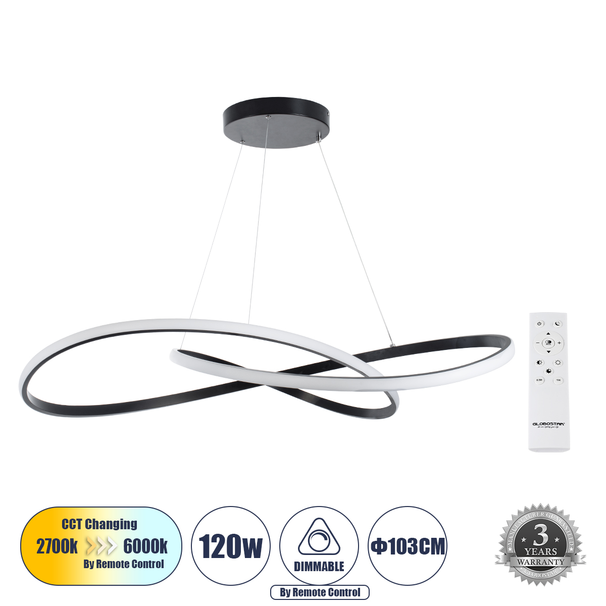 GLOBOSTAR® DEXTER 60917 Μοντέρνο Κρεμαστό Φωτιστικό Οροφής LED 120W 13440lm 300° AC 220-240V IP20 Ρυθμιζόμενο Λευκό CCT με Χειριστήριο από 2700K έως 6000K Dimmable - Lumileds SMD Chip - Μαύρο Ματ - Μ103 x Π103 x Υ22cm - 3 Χρόνια Εγγύηση - Image 2