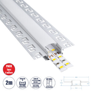 GLOBOSTAR® ALP-PLASTERIN GYPSO 70819-2M Χωνευτό Προφίλ Αλουμινίου Ειδικό για Γυψοσανίδα με Λευκό Γαλακτερό Πατητό Κάλυμμα για Ταινίες LED IP20 - Ασημί & Λευκό - Μ200 x Π6.7 x Υ1.4cm - Πακέτο 5 Τεμαχίων