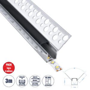 GLOBOSTAR® ALP-PLASTERIN GYPSO 70837-3M Χωνευτό Προφίλ Αλουμινίου Ειδικό για Εσωτερική Γωνία Γυψοσανίδας με Μαύρο Φιμέ Πατητό Κάλυμμα για Ταινίες LED IP20 - Ασημί & Μαύρο - Μ300 x Π3.1 x Υ1.3cm - Πακέτο 5 Τεμαχίων