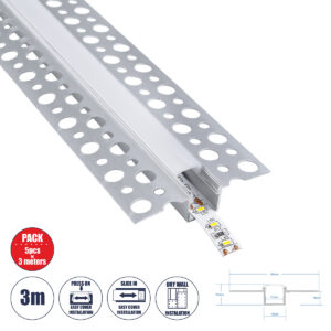 GLOBOSTAR® ALP-PLASTERIN GYPSO 70838-3M Χωνευτό Προφίλ Αλουμινίου Ειδικό για Γυψοσανίδα με Λευκό Γαλακτερό Πατητό Κάλυμμα για Ταινίες LED IP20 - Ασημί & Λευκό - Μ300 x Π5.6 x Υ1.5cm - Πακέτο 5 Τεμαχίων
