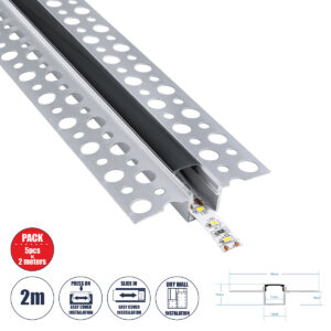 GLOBOSTAR® ALP-PLASTERIN GYPSO 70839-2M Χωνευτό Προφίλ Αλουμινίου Ειδικό για Γυψοσανίδα με Μαύρο Φιμέ Πατητό Κάλυμμα για Ταινίες LED IP20 - Ασημί & Μαύρο - Μ200 x Π5.6 x Υ1.5cm - Πακέτο 5 Τεμαχίων