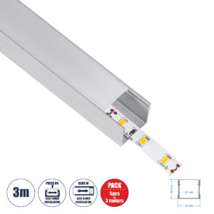 GLOBOSTAR® ALP-LINEAR LIGHTLINE 70867- 3M Επιφανειακό Προφίλ Αλουμινίου με Λευκό Γαλακτερό Πατητό Κάλυμμα για Ταινίες LED IP20 - Ασημί & Λευκό - Πακέτο 5 Τεμαχίων - Μ300 x Π2.3 x Υ2cm
