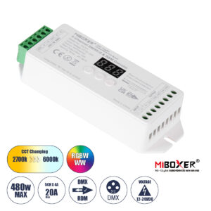 GloboStar® MiBOXER-D5-CX 71426 DC DMX & RDM Dimmer High Speed Controller / Decoder 5 Καναλιών DC 12-24V 5 x 4A 96W - Max 20A 480W - IP20 Μ13 x Π5 x Υ2.5cm - 5 Years Warranty