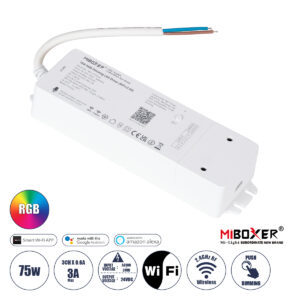 GloboStar® MiBOXER-WL3-P75V24 71439 DC Smart Wifi & RF 2.4Ghz & Push Dimming Power Supply Τροφοδοτικό SELV & Controller / Dimmer All in One 3 Καναλιών AC100-240V σε DC 24V 3 x 0.6A 14.4W - Max 3A 75W - IP20 RGB Μ19 x Π5.5 x Υ3.2cm - 5 Years Warranty