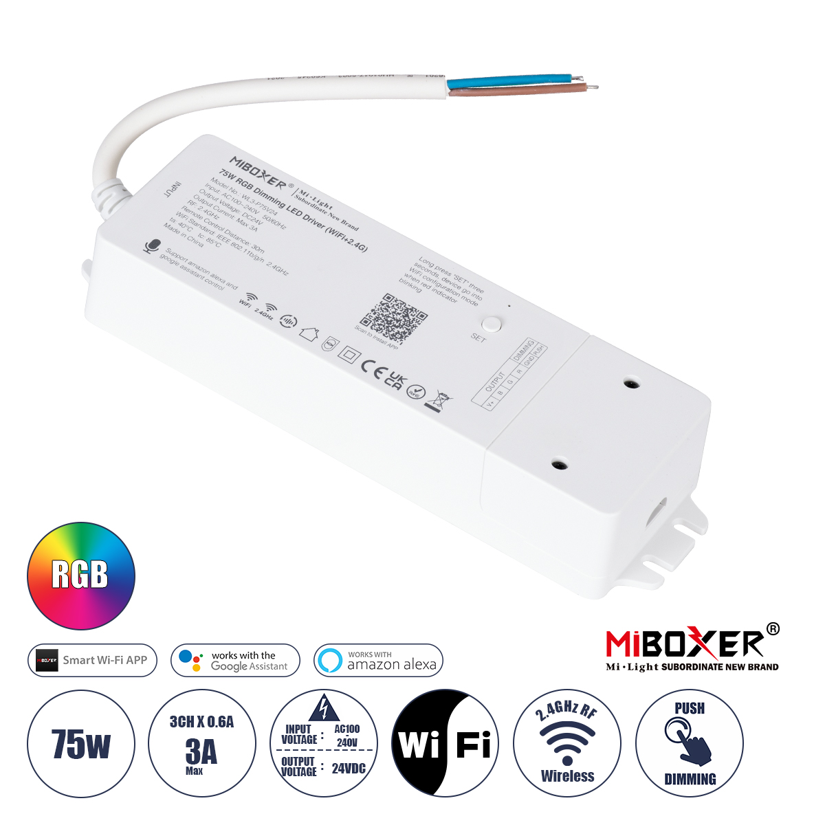 GloboStar® MiBOXER-WL3-P75V24 71439 DC Smart Wifi & RF 2.4Ghz & Push Dimming Power Supply Τροφοδοτικό SELV & Controller / Dimmer All in One 3 Καναλιών AC100-240V σε DC 24V 3 x 0.6A 14.4W - Max 3A 75W - IP20 RGB Μ19 x Π5.5 x Υ3.2cm - 5 Years Warranty