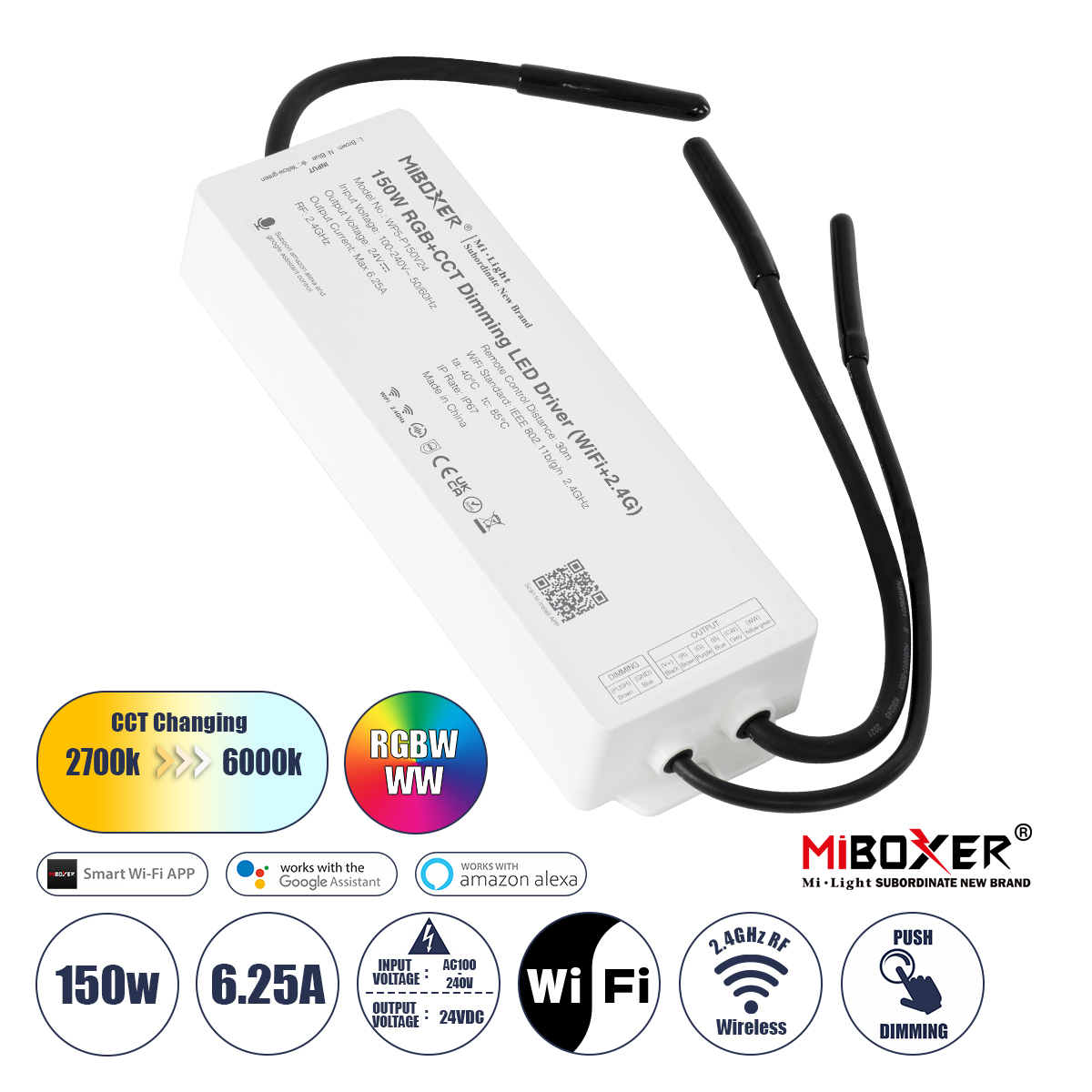 GloboStar® MiBOXER-WP5-P150V24 71440 DC Smart Wifi & RF 2.4Ghz & Push Dimming Power Supply Τροφοδοτικό SELV & Controller / Dimmer All in One 5 Καναλιών AC100-240V σε DC 24V 5 x 1.25A 30W - Max 6.25A 150W - Αδιάβροχο IP67 RGBW+WW Μ22.5 x Π7.3 x Υ3.5cm - 5