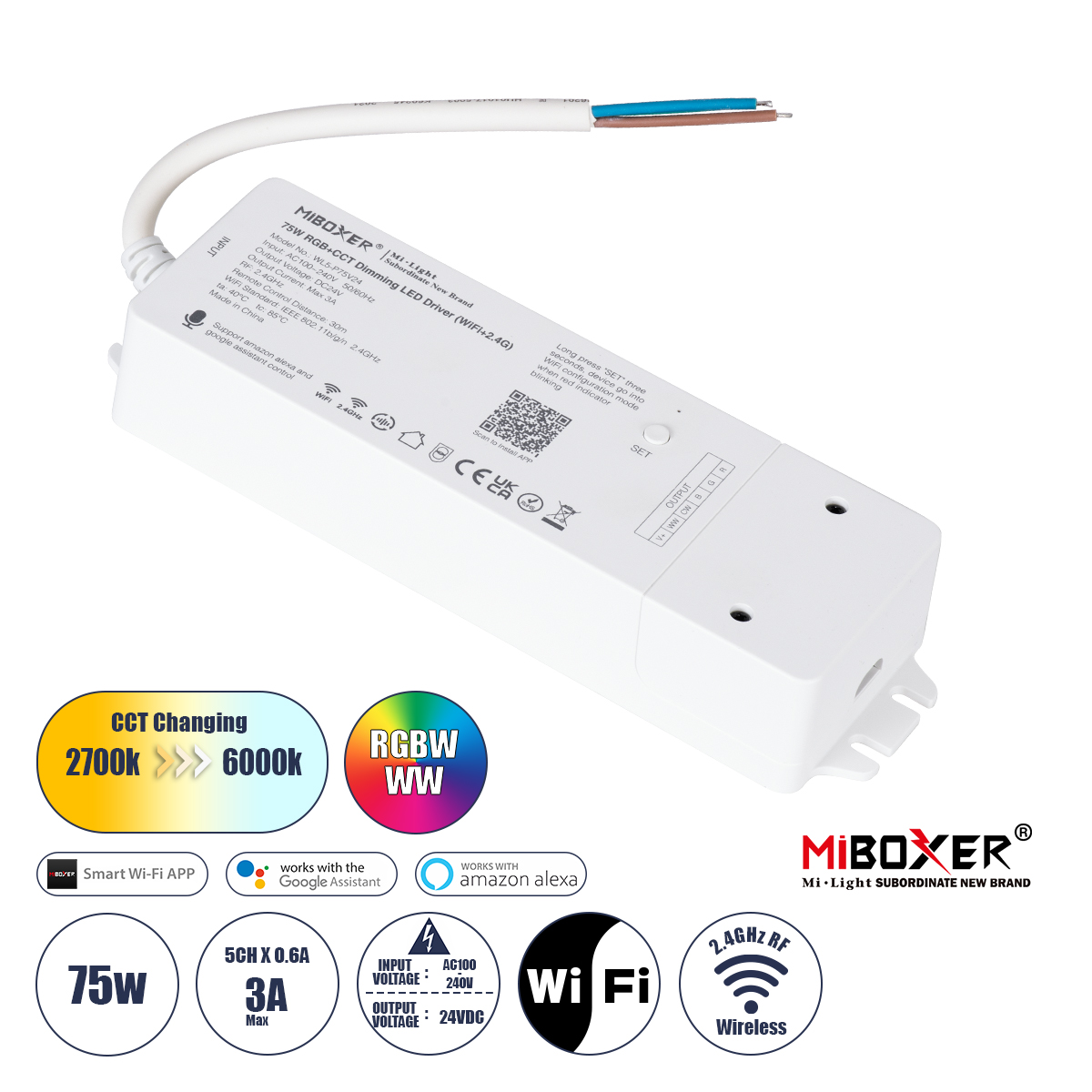 GloboStar® MiBOXER-WL5-P75V24 71441 DC Smart Wifi & RF 2.4Ghz Power Supply Τροφοδοτικό SELV & Controller / Dimmer All in One 5 Καναλιών AC100-240V σε DC 24V 5 x 0.6A 14.4W - Max 3A 75W - IP20 RGBW+WW Μ19 x Π5.5 x Υ3.2cm - 5 Years Warranty
