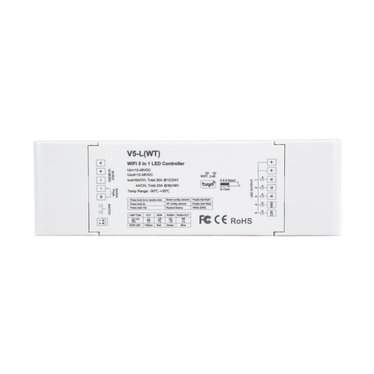 GLOBOSTAR® SKYDANCE-V5-L(WT) 71470 DC WiFi & RF 2.4Ghz & Push Dimmer / Controller με 5 x 6A 288W Κανάλια DC 12-48V 30A 1440W Max IP20 - WiFI & RF 2.4Ghz & Push Dimming - Μ18 x Π5.7 x Υ2.8cm - 5 Χρόνια Εγγύηση - Image 3