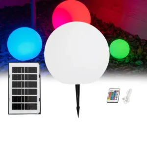 GLOBOSTAR® GARDENGLOW 71474 Μοντέρνο Φωτιστικό Κήπου Μπάλα με IR Ασύρματο Χειριστήριο LED 3W 240lm 360° DC 5V με USB-C με Ενσωματωμένο Φωτοβολταϊκό Panel 6V 1W & Επαναφορτιζόμενη Μπαταρία Li-ion 3.7V 2x18650 1400mAh Αδιάβροχο IP54 Πολύχρωμο RGBW Dimmable - Sanan SMD Chip - Γαλακτερό Λευκό - Μ25 x Π25 x Υ25cm - 2 Χρόνια Εγγύηση