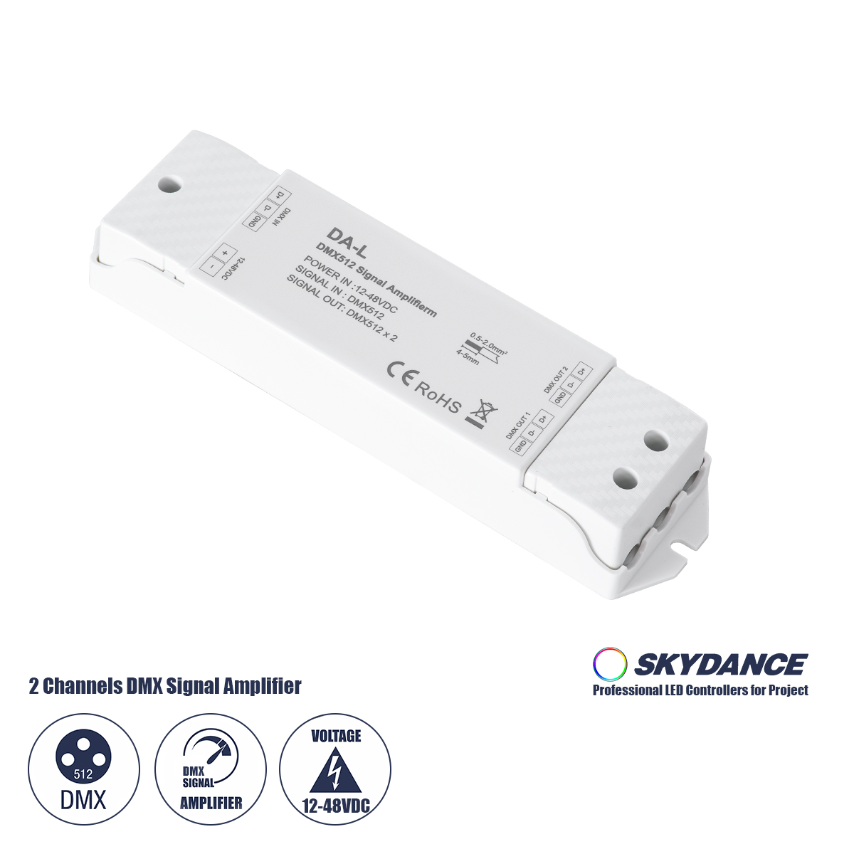 GloboStar® 73138 DA-L SKYDANCE DC DMX512 Signal Amplifier 2 Καναλιών DC 12-48V - IP20 Μ17.5 x Π4.5 x Υ2.5cm - 5 Χρόνια Εγγύηση