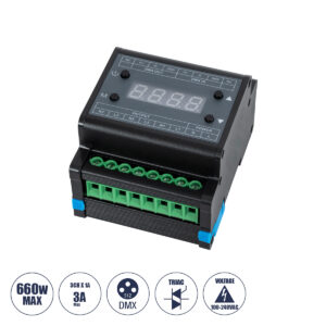 GLOBOSTAR® DIMMERAIL 73372 AC Trailing Edge DMX Dimmer Ράγας με 3 x 1A 220W Κανάλια AC 220-240V 3A 660W Max IP20 - DMX512 & RDM - Μ8 x Π9 x Υ6cm - 5 Χρόνια Εγγύηση