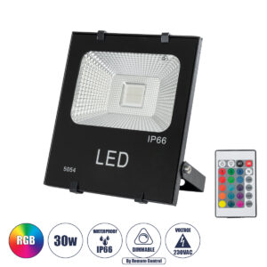 GLOBOSTAR® RGBFLOOD 75601 Προβολέας με IR Ασύρματο Χειριστήριο LED 30W 1950lm 120° AC 220-240V Αδιάβροχο IP66 Πολύχρωμο RGB Dimmable - COB Chip - Μαύρο Ματ - Μ17 x Π4.5 x Υ20cm - 2 Χρόνια Εγγύηση