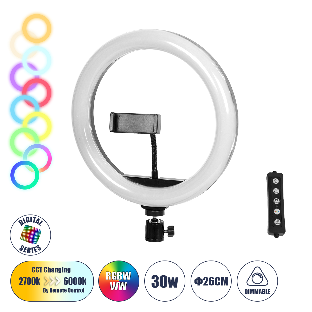 GloboStar® 75801 Professional Digital Ring Light Φ26cm LED SMD 30W 3000lm 180° DC 5V με Καλώδιο Τροφοδοσίας USB - Ενσωματωμένο Χειριστήριο Εναλλαγής Χρωμάτων & 1 Βάση Τηλεφώνου - Πολύχρωμο RGBW+WW Dimmable