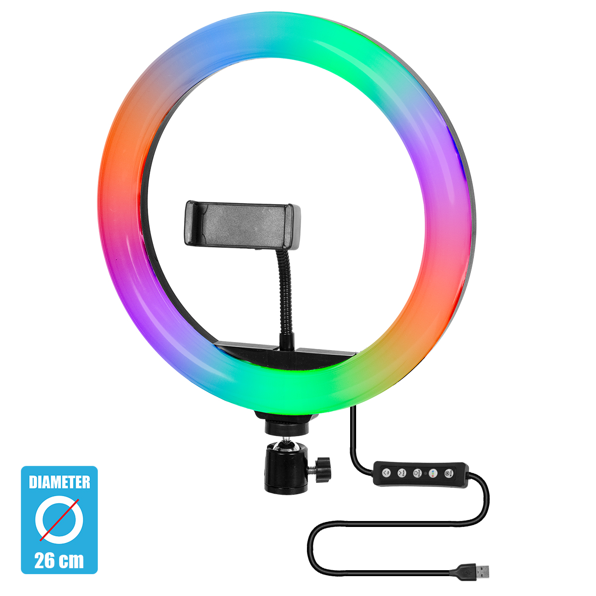 GloboStar® 75801 Professional Digital Ring Light Φ26cm LED SMD 30W 3000lm 180° DC 5V με Καλώδιο Τροφοδοσίας USB - Ενσωματωμένο Χειριστήριο Εναλλαγής Χρωμάτων & 1 Βάση Τηλεφώνου - Πολύχρωμο RGBW+WW Dimmable - Image 2