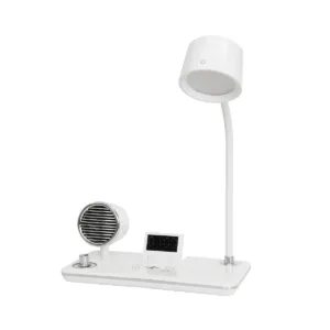 GLOBOSTAR® OLDY 76557 Μοντέρνο Επιτραπέζιο Φωτιστικό Γραφείου με Ασύρματη Φόρτιση 15W 3A, 5W Bluetooth Ηχείο & Ψηφιακό Ρολόι LED 3W 300lm 120° DC 5V με USB-C IP20 Ρυθμιζόμενο Λευκό CCT με Αφή 2700K/4500K/6000K Dimmable - Sanan SMD Chip - Λευκό - Μ13 x Π25 x Υ43cm - 2 Χρόνια Εγγύηση