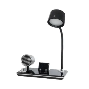 GLOBOSTAR® OLDY 76563 Μοντέρνο Επιτραπέζιο Φωτιστικό Γραφείου με Ασύρματη Φόρτιση 15W 3A, 5W Bluetooth Ηχείο & Ψηφιακό Ρολόι LED 3W 300lm 120° DC 5V με USB-C IP20 Ρυθμιζόμενο Λευκό CCT με Αφή 2700K/4500K/6000K Dimmable - Sanan SMD Chip - Μαύρο - Μ13 x Π25 x Υ43cm - 2 Χρόνια Εγγύηση