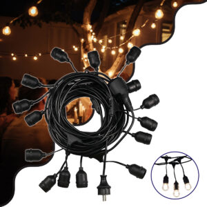GLOBOSTAR® GARLAND 78983 Καλωδιογιρλάντα 10m με Ντουί 15 x E27 & Πρίζα Schuko AC 220-240V IP65 - Μαύρο - Μ1500 x Π59 x Υ16cm