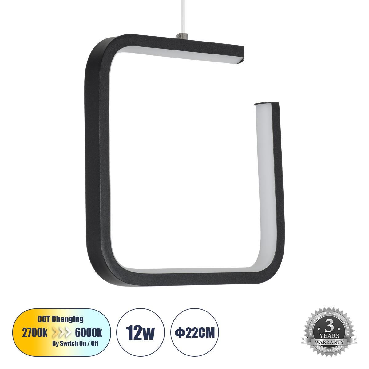 GLOBOSTAR® CEROBA 61308 Μοντέρνο Κρεμαστό Φωτιστικό Οροφής LED 12W 1320lm 360° AC 220-240V IP20 Ρυθμιζόμενο Λευκό CCT με On/Off 2700K/4500K/6000K - Lumileds SMD Chip - Μαύρο Ματ - Μ22 x Π2 x Υ22cm - 3 Χρόνια Εγγύηση - Image 2
