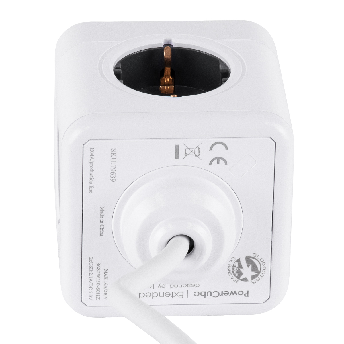 GloboStar® TRAVEL PowerCube PRO Certified 79639 Πολύπριζο 6 Θέσεων με 1.5m Kαλώδιο - 4 Πρίζες Ασφαλείας Childproof EU Schuko AC 220-240V & 2 Πρίζες USB Max 2.1A/DC 5V Μ7.5 x Π7.5 x Υ7.5 - Λευκό με Γκρι - Max Load 3680W/16A - Image 5