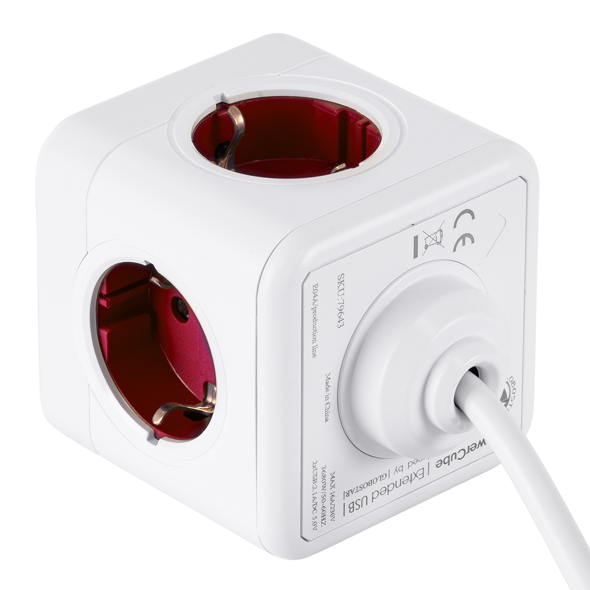 GloboStar® TRAVEL PowerCube PRO Certified 79642 Πολύπριζο 6 Θέσεων με 1.5m Kαλώδιο - 4 Πρίζες Ασφαλείας Childproof EU Schuko AC 220-240V & 2 Πρίζες USB Max 2.1A/DC 5V Μ7.5 x Π7.5 x Υ7.5 - Λευκό με Κόκκινο - Max Load 3680W/16A - Image 4