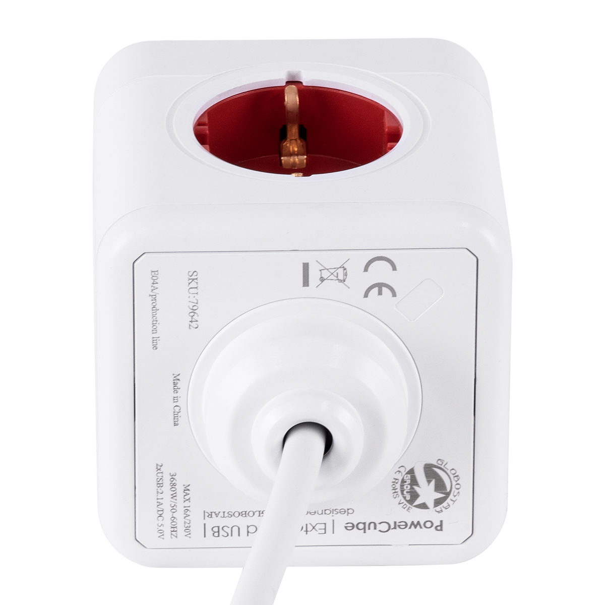 GloboStar® TRAVEL PowerCube PRO Certified 79642 Πολύπριζο 6 Θέσεων με 1.5m Kαλώδιο - 4 Πρίζες Ασφαλείας Childproof EU Schuko AC 220-240V & 2 Πρίζες USB Max 2.1A/DC 5V Μ7.5 x Π7.5 x Υ7.5 - Λευκό με Κόκκινο - Max Load 3680W/16A - Image 5