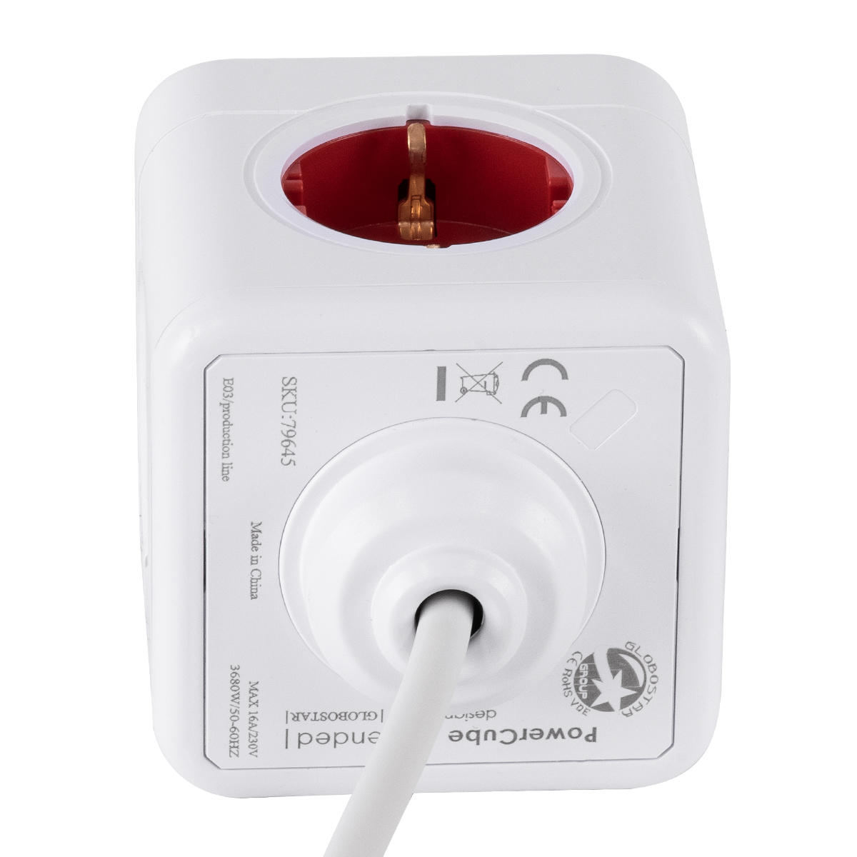 GloboStar® TRAVEL PowerCube PRO Certified 79645 Πολύπριζο 5 Θέσεων με 1.5m Kαλώδιο - 5 Πρίζες Ασφαλείας Childproof EU Schuko AC 220-240V Μ7.5 x Π11.5 x Υ7.5 - Λευκό με Κόκκινο - Max Load 3680W/16A - Image 5