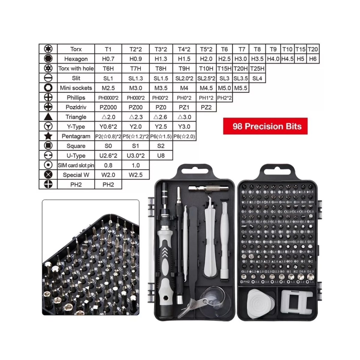 GLOBOSTAR® ELEKIT 79996 Ολοκληρωμένο Mini DIY ΚΙΤ με 115 Μικροεργαλεία σε 1 Βαλιτσάκι για Επισκευές Κινητών Τηλεφώνων, Laptop, Οπτικών & κλπ Μικροεπισκευών - Μαύρο & Λευκό - Μ15.5 x Π10 x Υ5cm - Image 4