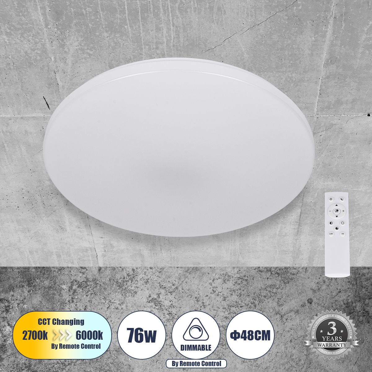 GLOBOSTAR® AVA 61017 Μοντέρνο Φωτιστικό Οροφής LED 76W 7600lm 120° AC 220-240V IP20 Ρυθμιζόμενο Λευκό CCT με Χειριστήριο από 2700K έως 6000K Dimmable - Lumileds SMD Chip - Λευκό Ματ - Μ48 x Π48 x Υ6.5cm - 3 Χρόνια Εγγύηση - Image 2
