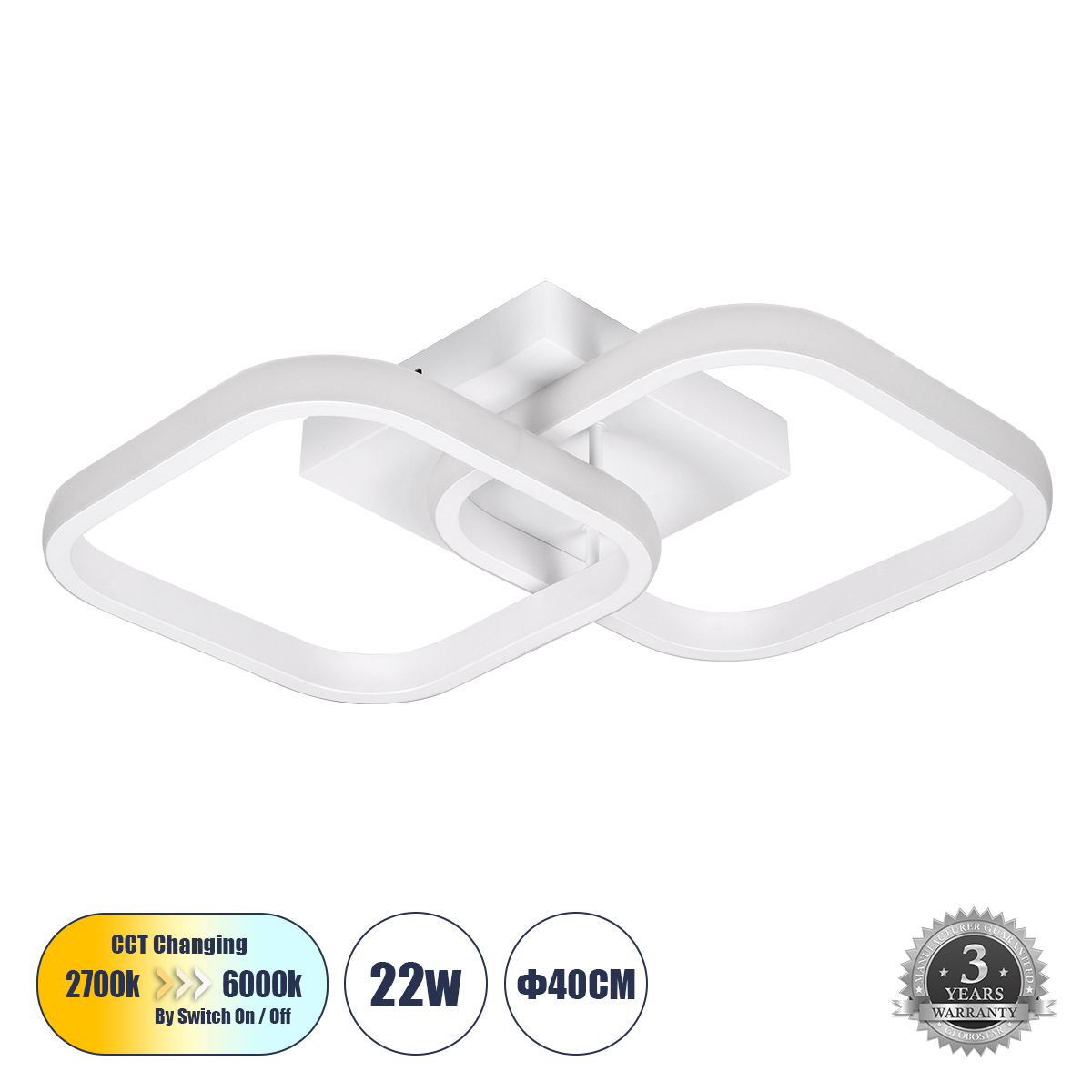 GLOBOSTAR® NORA 61062 Μοντέρνο Φωτιστικό Οροφής LED 22W 2640lm 300° AC 220-240V IP20 Ρυθμιζόμενο Λευκό CCT με On/Off 2700K/4500K/6000K - Lumileds SMD Chip - Λευκό Ματ - Μ40 x Π24 x Υ7cm - 3 Χρόνια Εγγύηση - Image 2