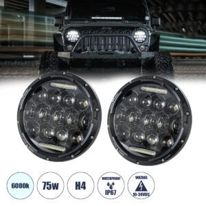 GloboStar® 85417 Σετ 2 x Φανάρια JEEP WRANGLER 7'' Ιντσών Βασικού Φωτισμού H/L με Ring Light DRL LED CREE CXB COB 75W 12000lm DC 10-30V Αδιάβροχα IP67 Ψυχρό Λευκό 6000K