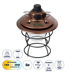 GloboStar® 85697 Αυτόνομο Φανάρι Camping LED 4W USB 2.0 με Επαναφορτιζόμενη Μπαταρία 1 x 18650 2000mAh Li-ion Power Bank IP20 Dimmable Καφέ με Διάφανο Γυαλί CCT Εναλλαγή Φωτισμού μέσω On/Off All In One Ψυχρό 6000K+Φυσικό 4500K+Θερμό 2700K Φ13.5 x Υ17.5cm