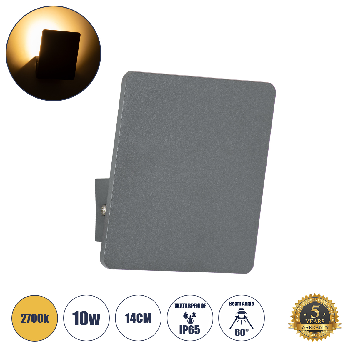 GLOBOSTAR® CUADRADO 60570 Μοντέρνο Φωτιστικό Τοίχου - Απλίκα LED 10W 1000lm 60° AC 220-240V Αδιάβροχο IP65 Θερμό Λευκό 2700K - Bridgelux COB Chip & TÜV SÜD Driver - Γκρι Ανθρακί Ματ - Μ14 x Π14 x Υ4.5cm - 5 Χρόνια Εγγύηση - Image 2