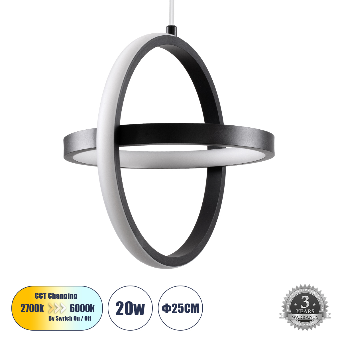 GLOBOSTAR® ALICE 61055 Μοντέρνο Κρεμαστό Φωτιστικό Οροφής LED 20W 2400lm 300° AC 220-240V IP20 Ρυθμιζόμενο Λευκό CCT με On/Off 2700K/4500K/6000K - Lumileds SMD Chip - Μαύρο Ματ - Μ25 x Π22 x Υ25cm - 3 Χρόνια Εγγύηση - Image 2