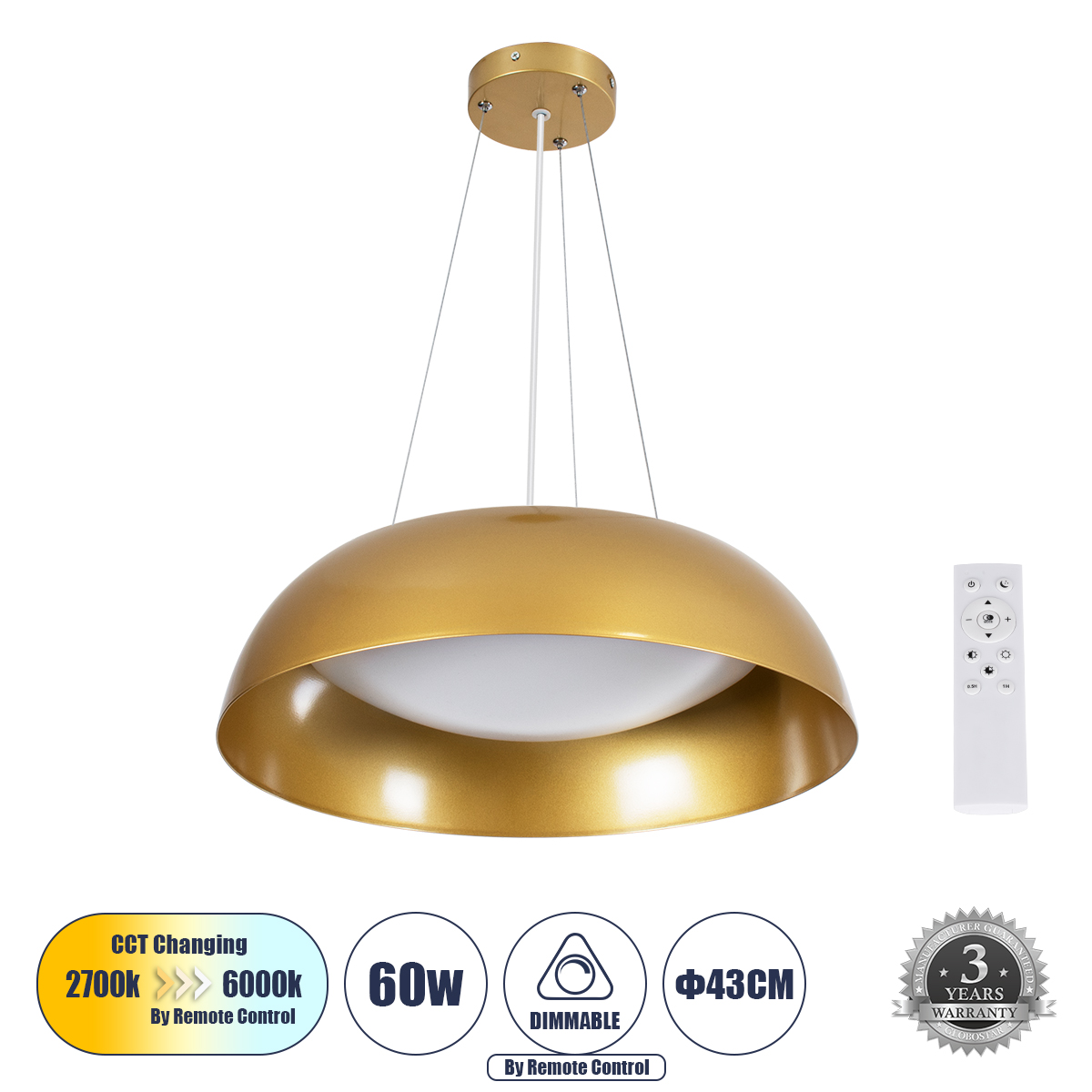 GLOBOSTAR® ANATOLIA 61268 Μοντέρνο Κρεμαστό Φωτιστικό Οροφής LED 60W 6900lm 120° AC 220-240V IP20 Ρυθμιζόμενο Λευκό CCT με Χειριστήριο από 2700K έως 6000K Dimmable - Lumileds SMD Chip - Χρυσό - Μ43 x Π43 x Υ11cm - 3 Χρόνια Εγγύηση - Image 2